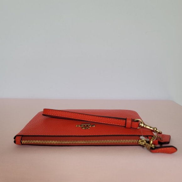 COACH Small Wristlet in Polished Pebbled Leather -Red Orange - Picture 8 of 16